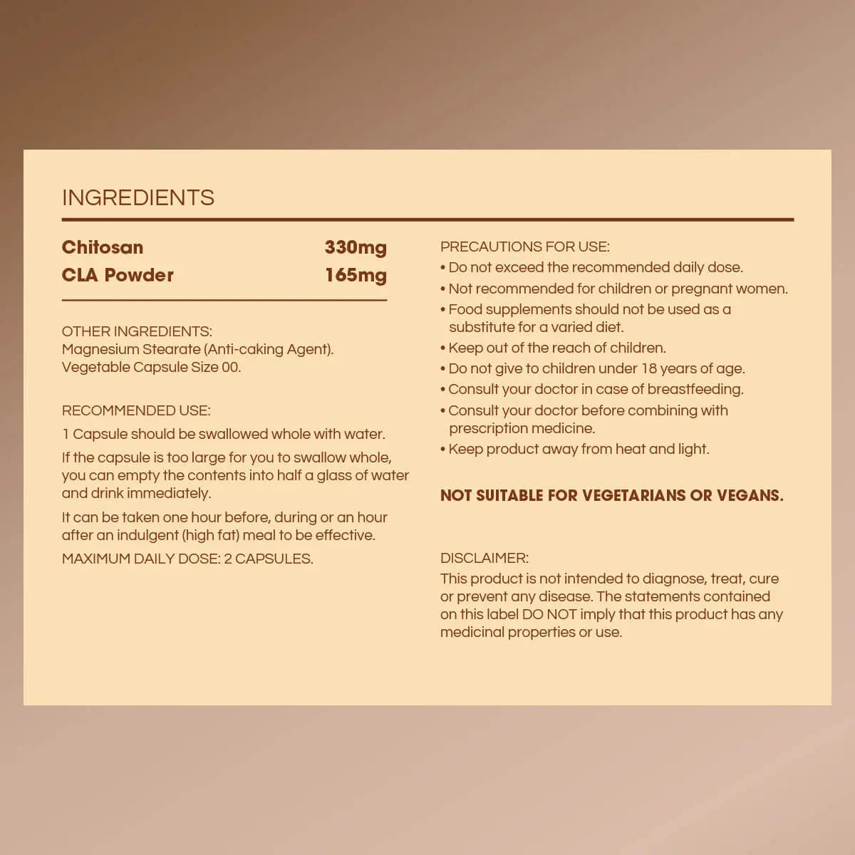 A beige informational label with black text detailing the ingredients, recommended use, precautions, and dietary restrictions for a supplement containing Chitosan and CLA Powder.