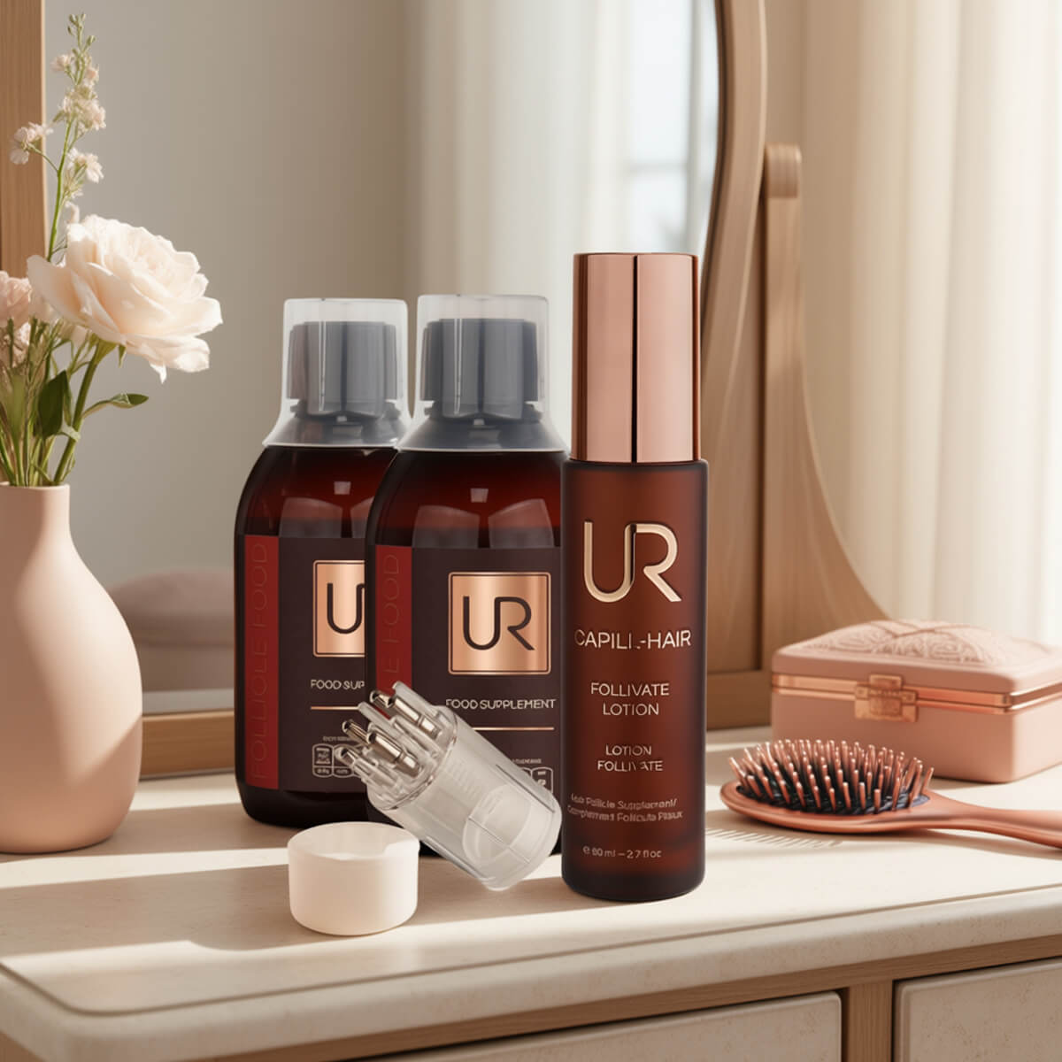 UR FOLLIGROW hair care products on a vanity with flowers and a brush