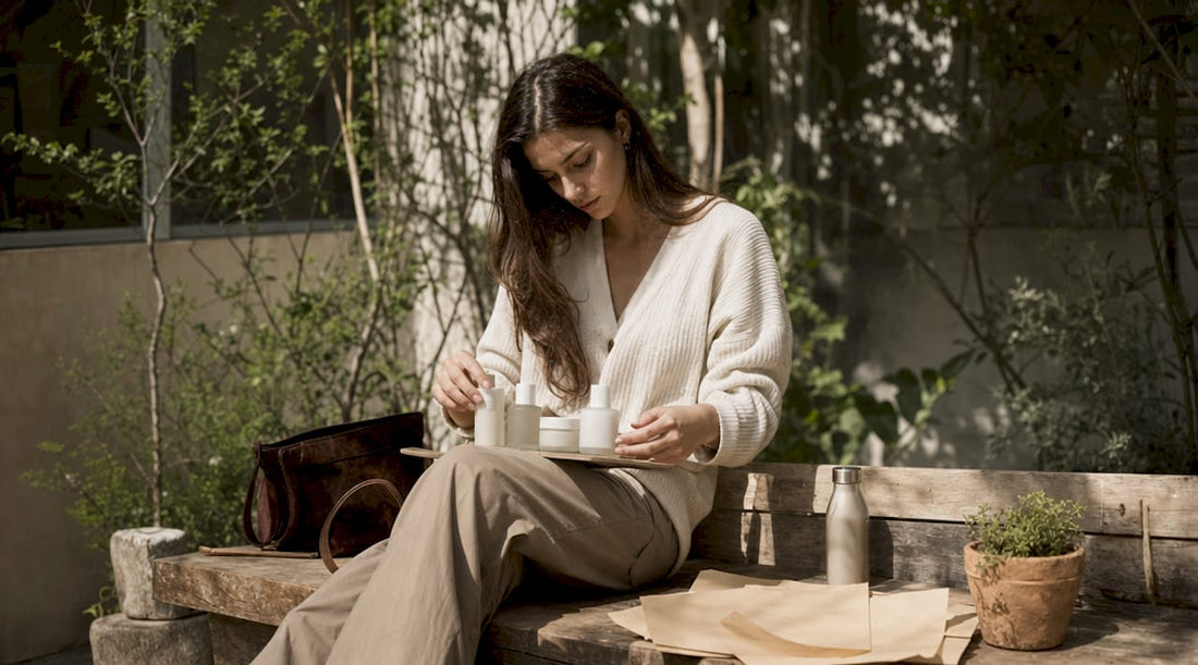 Woman sorting cruelty-free skincare products