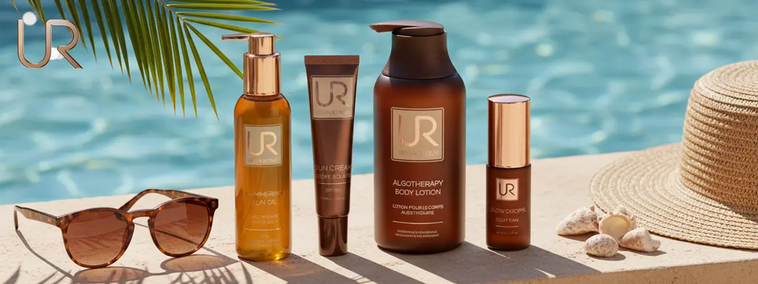 Sunglasses and skincare products on a beachside table near water.
