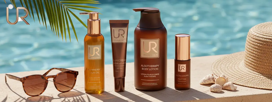Sunglasses and skincare products on a beachside table near water.