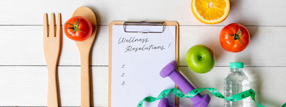Healthy lifestyle items: fruits, exercise equipment, and a meal plan clipboard.