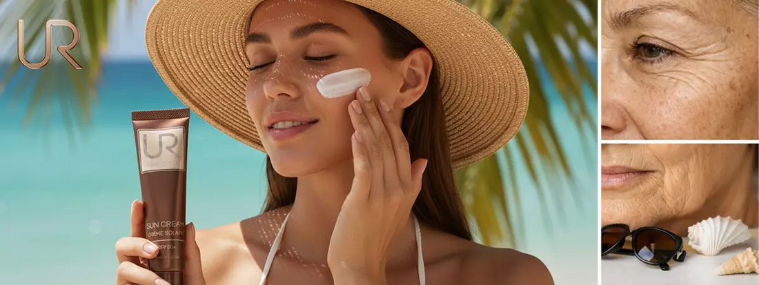 Woman applying cream on her face at the beach, showing photoageing.