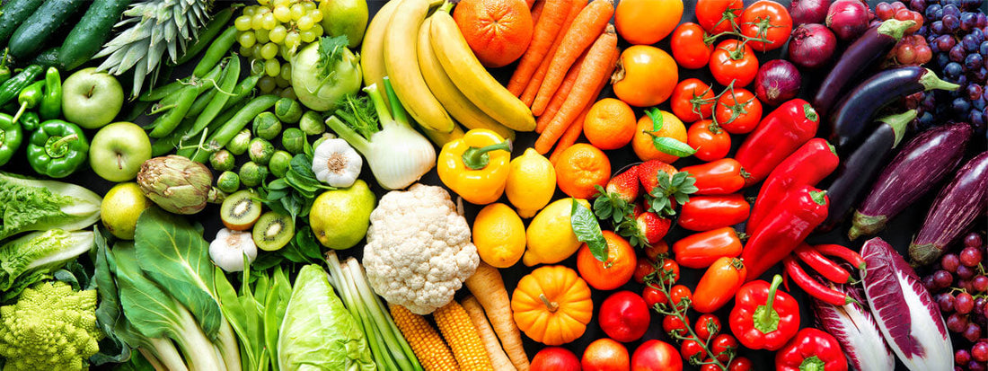Colourful fruits, vegetables, and clean supplements for overall health and wellness