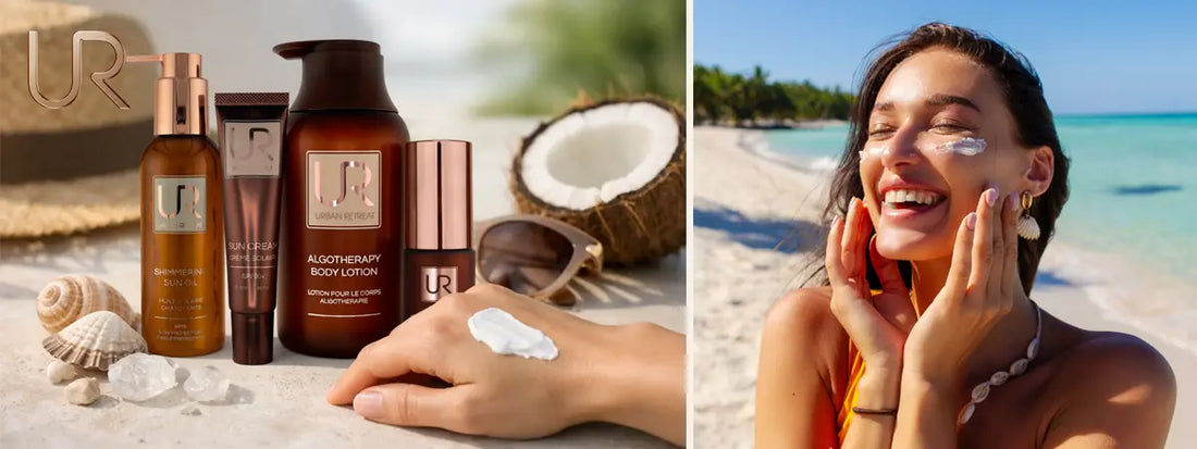 Skincare products with a woman applying cream on the beach.