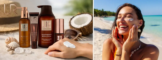 Skincare products with a woman applying cream on the beach.