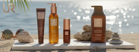 Skincare products arranged on a beach with ocean background.
