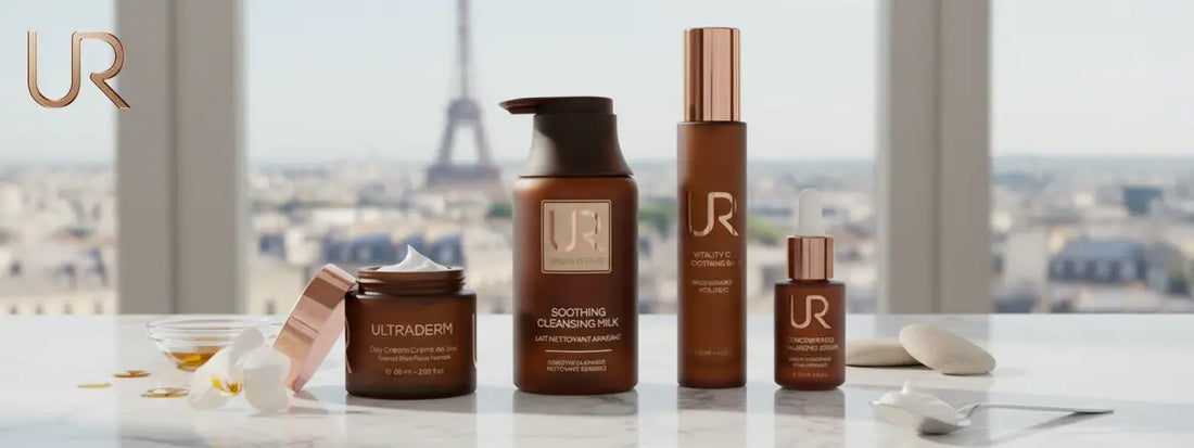 Skincare products displayed with the Eiffel Tower in the background.
