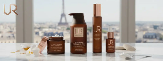 Skincare products displayed with the Eiffel Tower in the background.