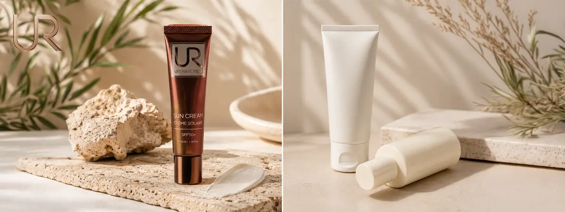 Two skincare products displayed on a textured surface with natural elements.