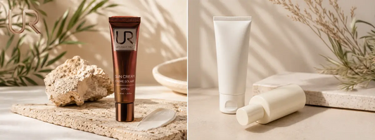 Two skincare products displayed on a textured surface with natural elements.