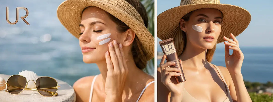 Woman applying sunscreen while wearing a hat, with sunglasses nearby.