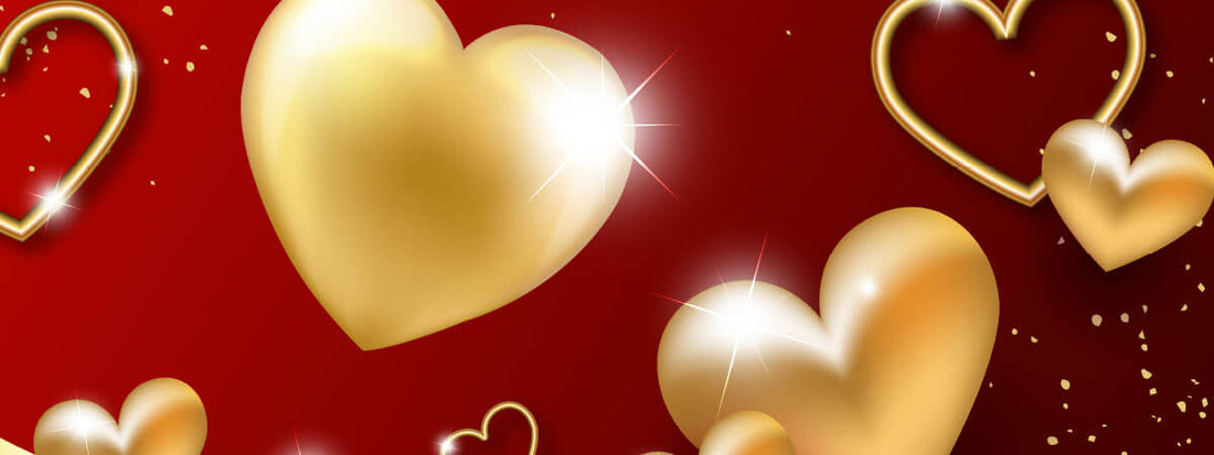 Golden hearts on a red background with sparkles.