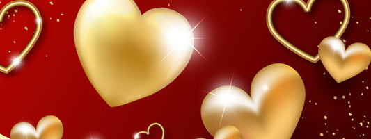 Golden hearts on a red background with sparkles.