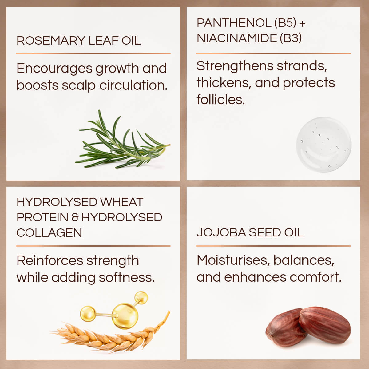 Product label with ingredients and their benefits on a beige background