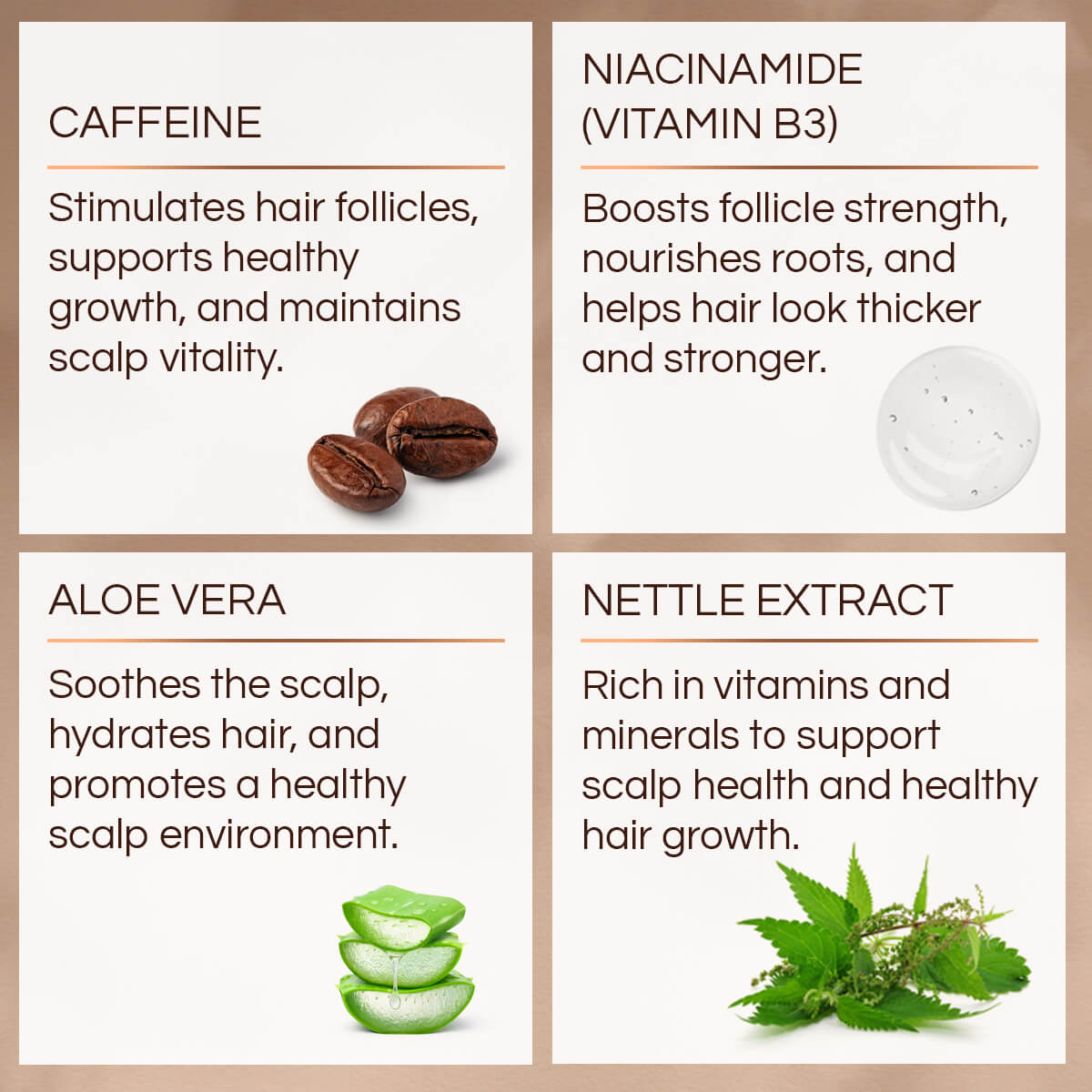 Product label with ingredients and their benefits on a beige background