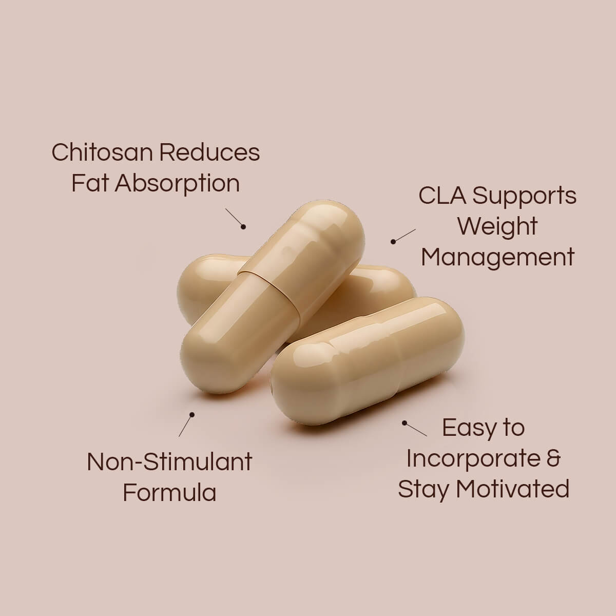 Two cream coloured CHEAT capsules with text on a beige background with benefits