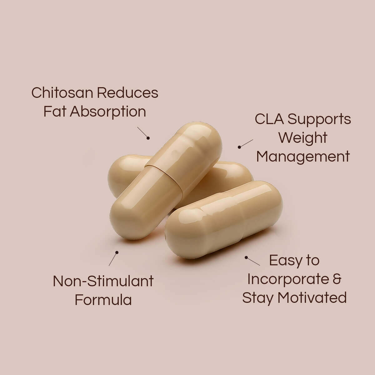 Two cream coloured CHEAT capsules with text on a beige background with benefits