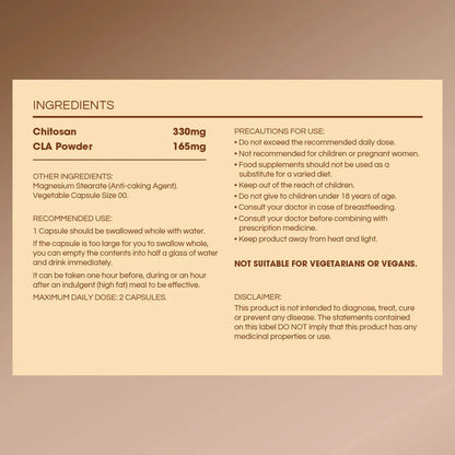 A beige informational label with black text detailing the ingredients, recommended use, precautions, and dietary restrictions for a supplement containing Chitosan and CLA Powder.