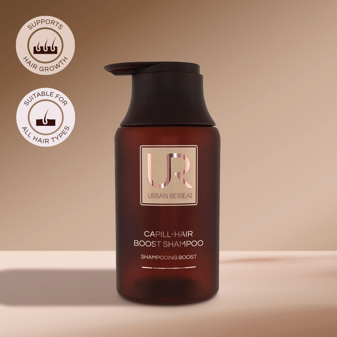 Brown shampoo bottle with black cap on a beige background, featuring Urban Retreat branding.