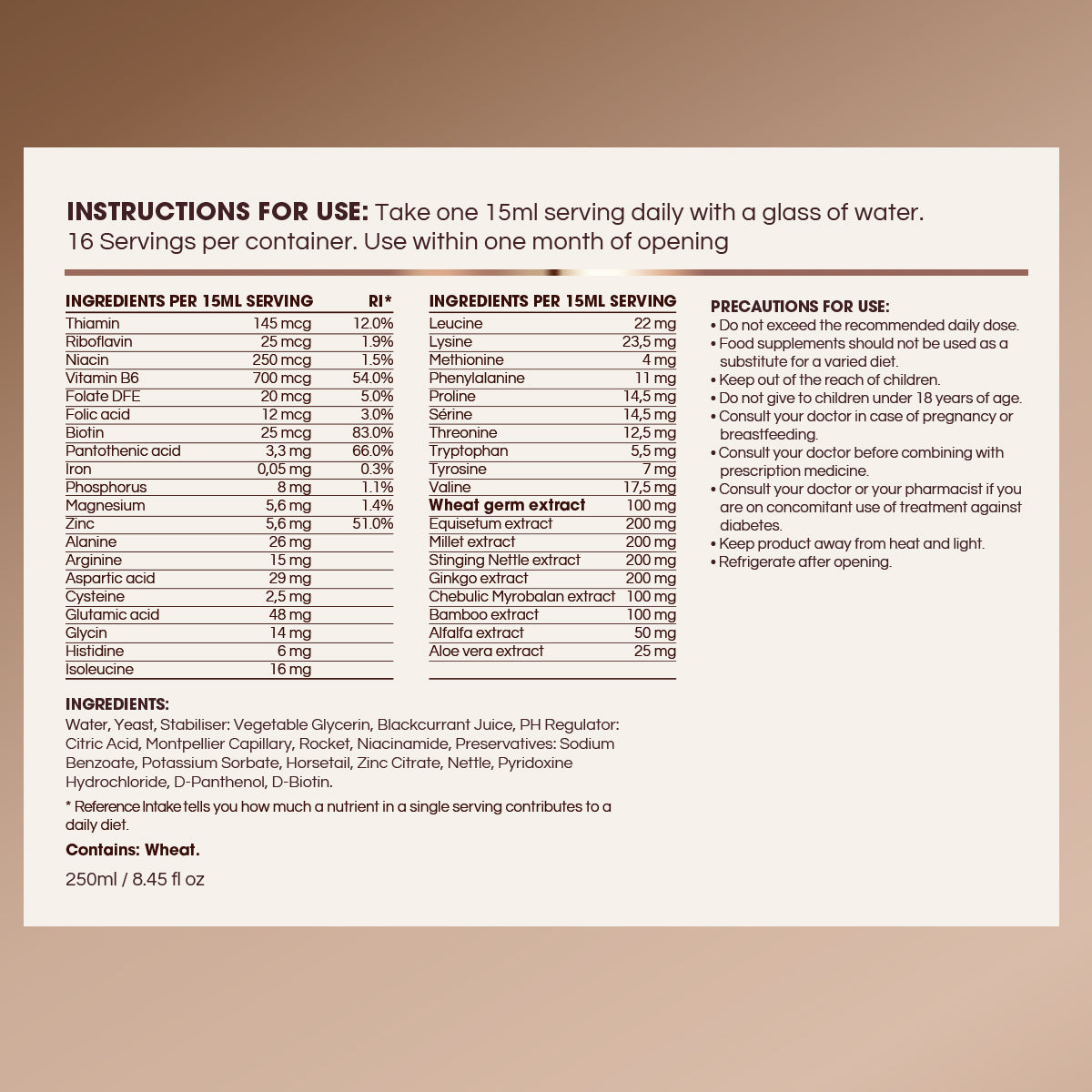 FOLLICLE FOOD Nutritional supplement label with detailed instructions and ingredient list on a brown background