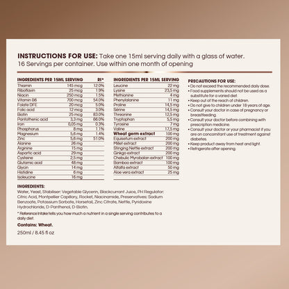 FOLLICLE FOOD Nutritional supplement label with detailed instructions and ingredient list on a brown background