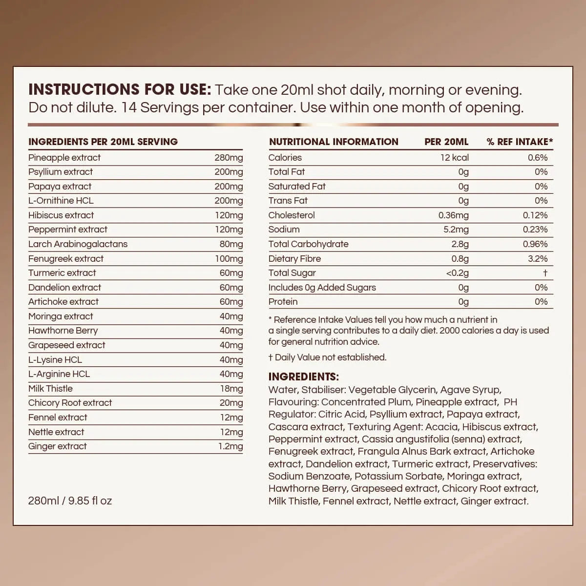 A brown informational card with black text showing usage instructions and nutrition facts for a dietary supplement. The text specifies taking one 20ml shot daily and lists ingredients such as pineapple extract, papaya extract, and turmeric.