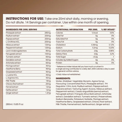 A brown informational card with black text showing usage instructions and nutrition facts for a dietary supplement. The text specifies taking one 20ml shot daily and lists ingredients such as pineapple extract, papaya extract, and turmeric.