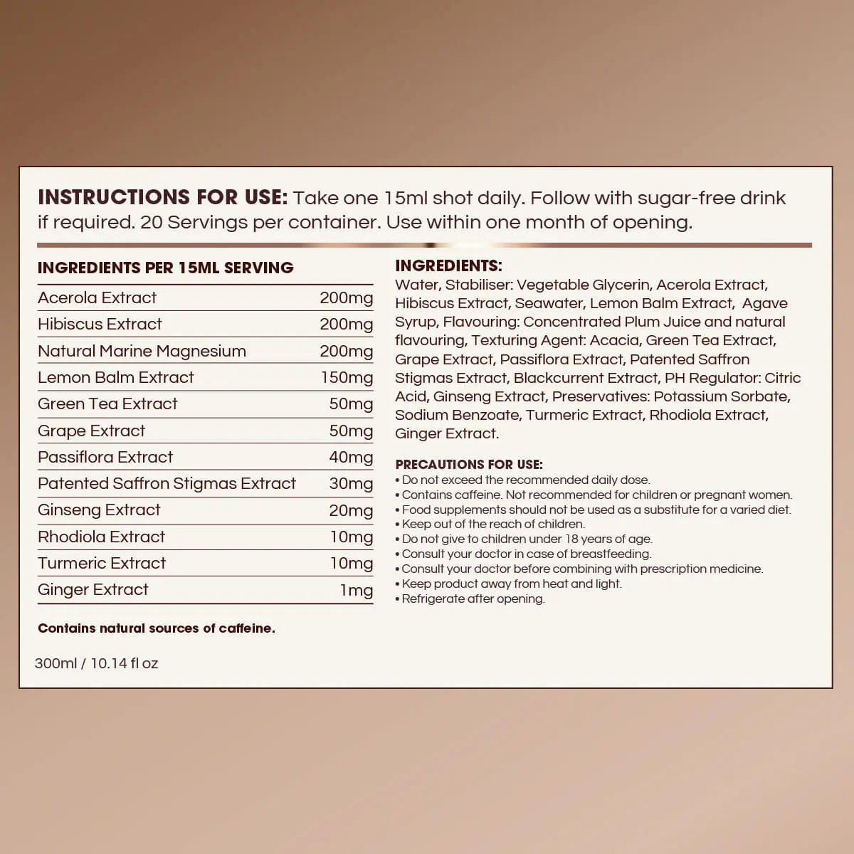 A white rectangular informational card with black text on a warm tan background, showing SOUL usage instructions, ingredients list, and precautions for a caffeine-containing product.