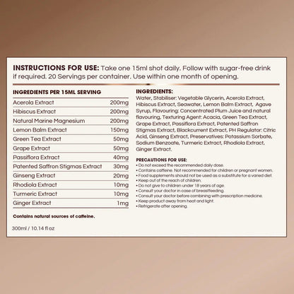 A white rectangular informational card with black text on a warm tan background, showing SOUL usage instructions, ingredients list, and precautions for a caffeine-containing product.